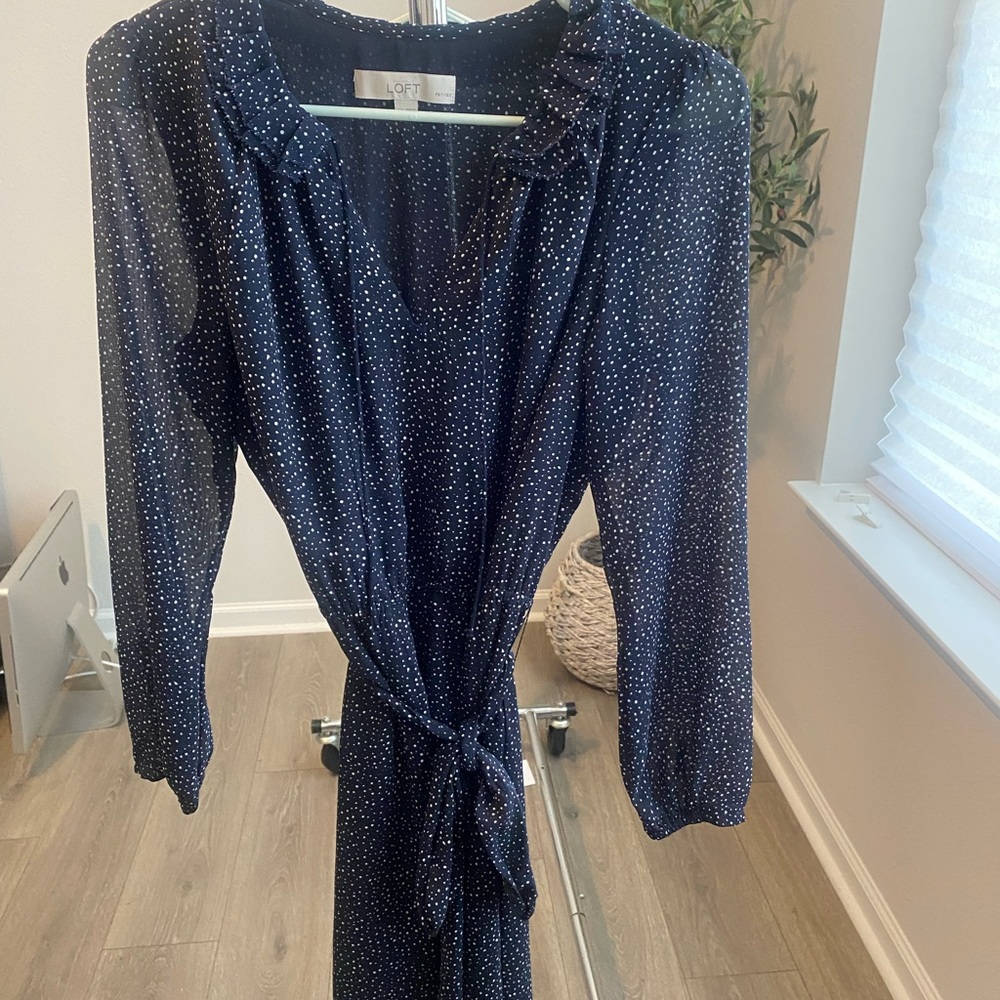 Loft Navy Blue with White Dots Tie Waist Dress- Size 6 Petite